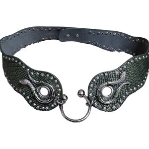 Ladies Snap Back Belt Green Gator Print Leather, Crystals & Studs, Size Small